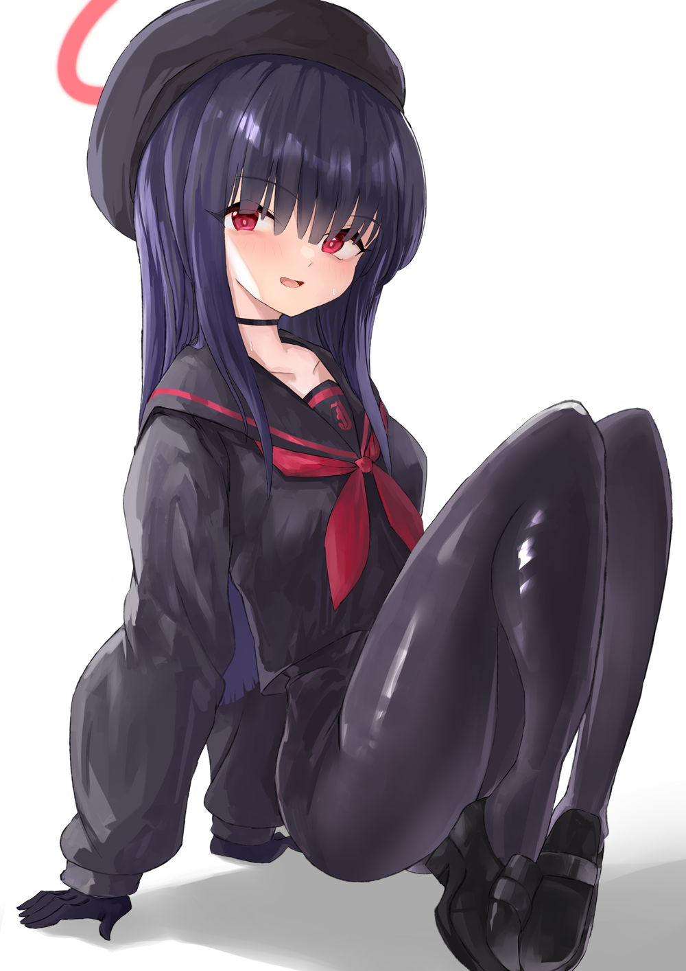 1girl ass beret black_choker black_footwear black_gloves black_hair black_hat black_pantyhose black_sailor_collar black_serafuku black_skirt blue_archive blush choker gloves halo hat highres justice_task_force_member_(blue_archive) long_hair long_sleeves looking_at_viewer mg42cat-k1ng neckerchief open_mouth pantyhose pleated_skirt red_eyes red_halo red_neckerchief revision sailor_collar school_uniform serafuku shoes skirt solo