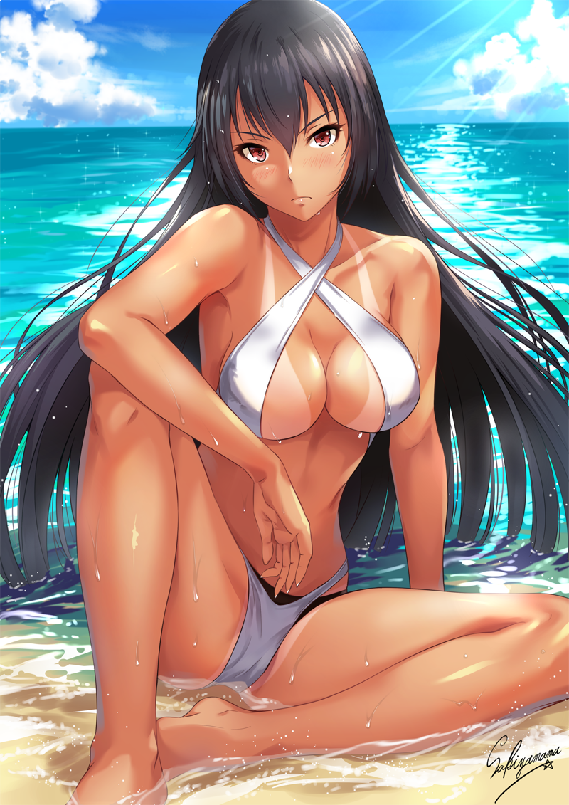 artist_name barefoot beach bikini black_bikini black_hair blush breasts cleavage closed_mouth cloud collarbone criss-cross_halter day frown gusset hair_between_eyes halterneck kantai_collection kantai_collection_(anime) knee_up large_breasts light_rays long_hair looking_at_viewer nagato_(kantai_collection) ocean one-piece_swimsuit outdoors partially_submerged red_eyes sakiyamama sand sitting solo spread_legs swimsuit tan tanline two-tone_swimsuit water wet white_swimsuit