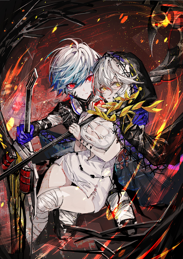 1boy 1girl bandaged_leg bandages blood_bead blue_gloves blue_hair breasts cleavage cloak code_vein commentary_request dress gloves glowing glowing_eyes gradient_hair grey_hair hair_between_eyes hand_on_another's_shoulder holding holding_sword holding_weapon hood hood_up hooded_cloak io_(code_vein) kneeling large_breasts looking_at_viewer multicolored_hair mura_karuki pale_skin protagonist_(code_vein) red_eyes scythe short_hair sparks sword torn_clothes torn_dress two-tone_hair weapon white_dress white_hair yellow_eyes