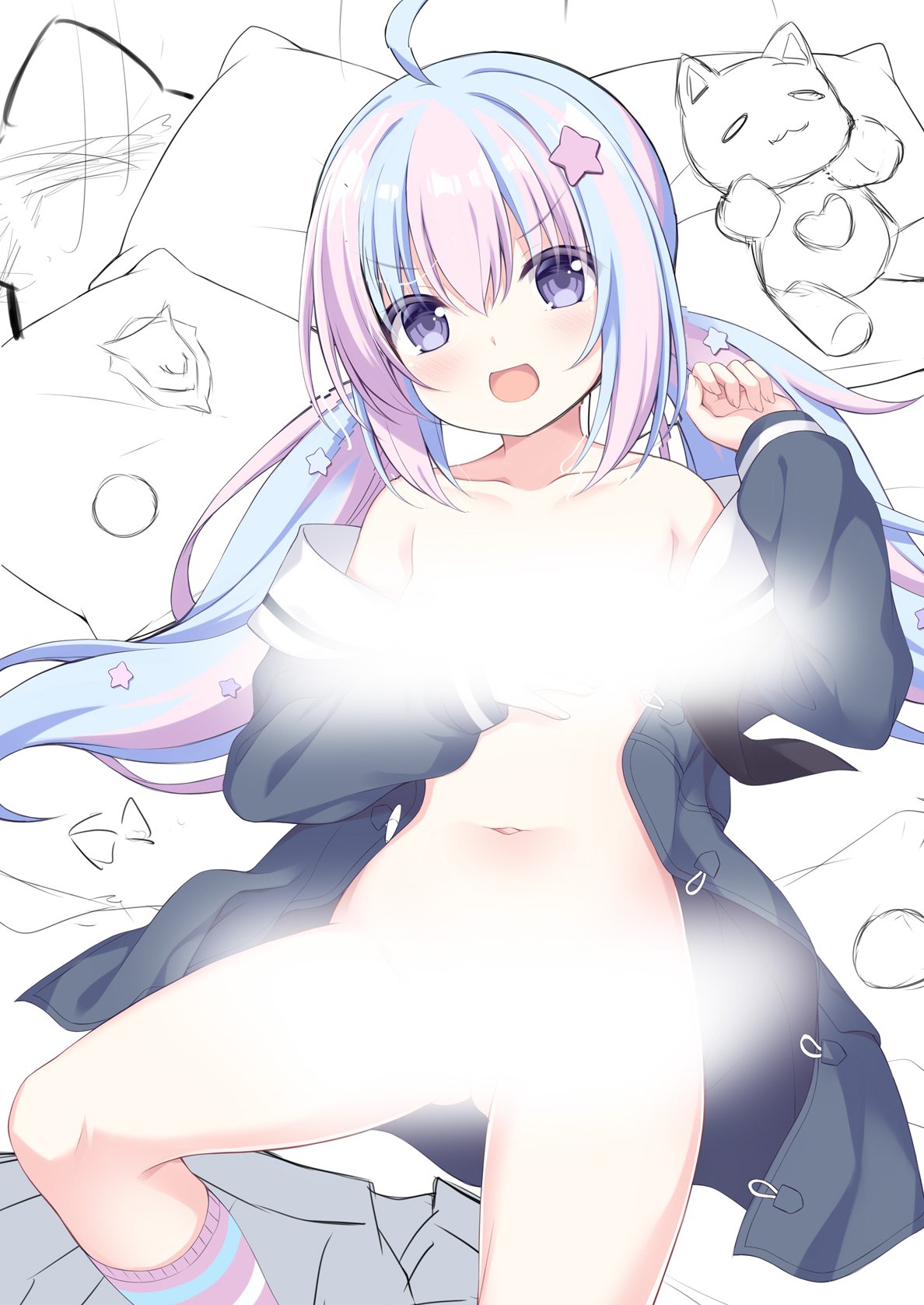 1girl :d ahoge black_jacket blue_archive blue_hair blush censored commentary_request feet_out_of_frame hair_between_eyes hair_ornament heart highres jacket light_censor long_hair long_sleeves low_twintails multicolored_hair naked_jacket navel off_shoulder open_clothes open_jacket pillow pink_hair pink_socks puffy_long_sleeves puffy_sleeves purple_eyes reisa_(blue_archive) sakuraba_hikaru_(loveindog) sleeves_past_wrists smile socks solo star_(symbol) star_hair_ornament striped_clothes striped_socks stuffed_animal stuffed_cat stuffed_toy twintails two-tone_hair unfinished v-shaped_eyebrows very_long_hair