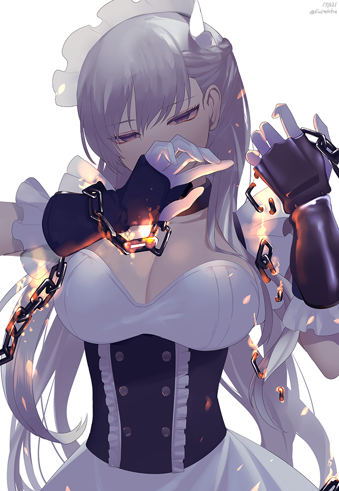 azur_lane belfast_(azur_lane) braid breasts chain cleavage commentary corset fire fucodoku gloves large_breasts long_hair maid_headdress silver_hair simple_background solo white_background