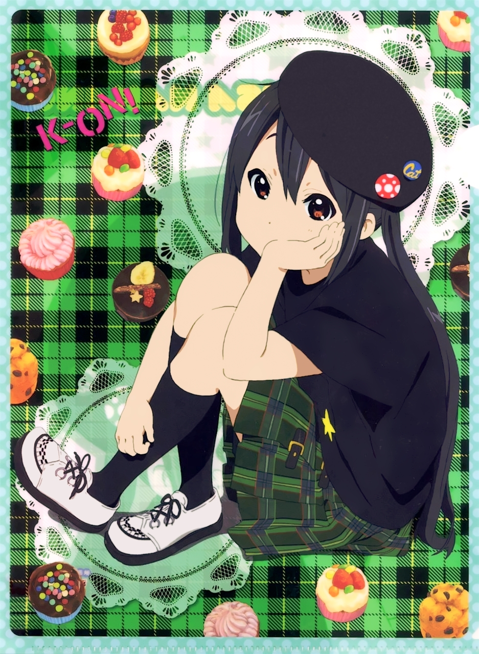 1girl animage badge beret black_hair brown_eyes button_badge clear_file_(medium) copyright_name cupcake food hat highres horiguchi_yukiko k-on! k-on!_movie kneeling long_hair nakano_azusa non-web_source official_art plaid plaid_skirt pleated_skirt scan shoes simple_background sitting skirt socks solo twintails very_long_hair