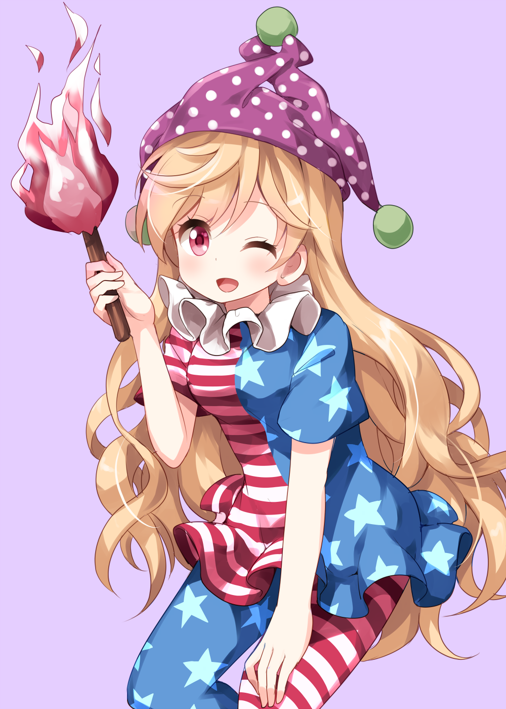 ;d american_flag_dress american_flag_legwear blush breasts clownpiece commentary_request dress eyebrows_visible_through_hair feet_out_of_frame hand_up hat highres holding holding_torch leaning_forward long_hair neck_ruff one_eye_closed open_mouth pantyhose polka_dot purple_background purple_hat ruu_(tksymkw) short_dress short_sleeves simple_background small_breasts smile solo star star_print striped striped_legwear torch touhou very_long_hair wavy_hair