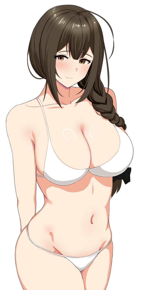 1girl ahoge arms_behind_back bare_arms bare_shoulders bikini black_bow blunt_bangs blush bow braid braided_ponytail breasts brown_eyes cleavage closed_mouth collarbone commentary_request cowboy_shot groin hair_bow hair_over_shoulder highres idolmaster idolmaster_shiny_colors kuwayama_chiyuki large_breasts long_hair looking_at_viewer low_ponytail navel organ3432 side_ponytail simple_background single_braid smile solo standing stomach string_bikini swimsuit white_background white_bikini