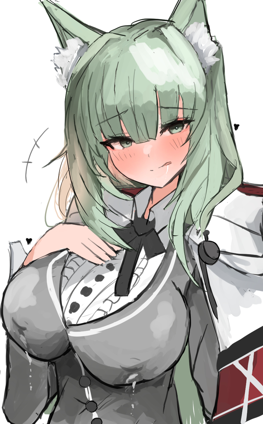 +++ 1girl :q animal_ear_fluff animal_ears arknights black_ribbon blush breast_suppress breasts buttons cape cardigan cat_ears cat_girl center_frills closed_mouth collared_shirt come_hither commentary_request frills green_eyes green_hair grey_cardigan hair_between_eyes hand_on_own_chest hand_up harmonie_(arknights) heart highres in_heat lactation lactation_through_clothes large_breasts licking_lips long_hair long_sleeves looking_at_viewer neck_ribbon ribbon saliva shirt simple_background sketch solo split_mouth sunaneko tongue tongue_out upper_body white_background white_cape white_shirt