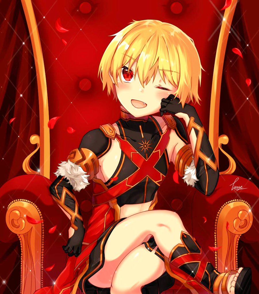 ;d alexander_(fate/grand_order) alexander_(fate/grand_order)_(cosplay) arm_rest armlet armpit_crease bangs black_footwear black_gloves black_shirt blonde_hair blush boots cape child_gilgamesh commentary cosplay covered_collarbone crop_top crossed_legs curtains elbow_gloves eyebrows_visible_through_hair falling_petals fang fate/grand_order fate_(series) fur-trimmed_gloves fur_trim gloves gold_trim hair_between_eyes head_rest looking_at_viewer male_focus one_eye_closed open_mouth otoko_no_ko petals red_cape red_eyes rose_petals shiny shiny_hair shirt signature sitting sleeveless sleeveless_shirt smile solo sparkle throne tiasye toeless_boots toes tsurime waist_cape