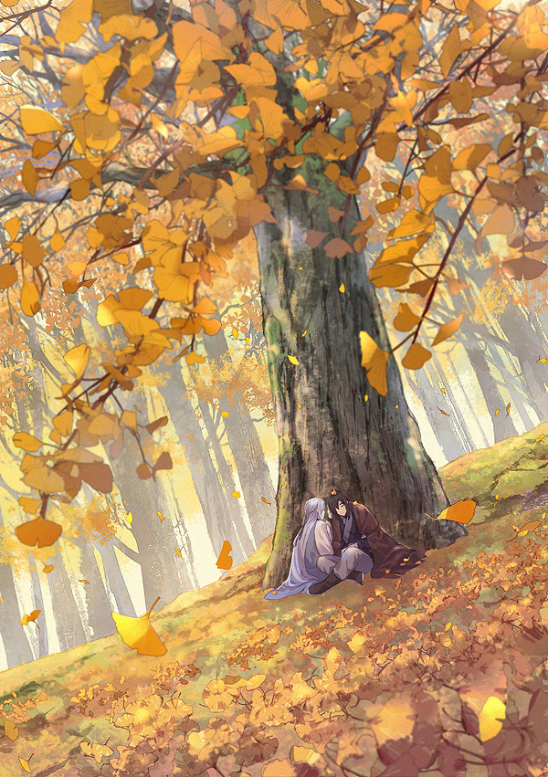 2boys against_tree androgynous autumn autumn_leaves black_hair braid brown_cloak chinese_clothes cloak commentary_request crossed_legs forest full_body grey_hair hand_on_another's_face leaf long_hair looking_at_another male_focus multiple_boys nature on_grass original ponytail scenery sitting sleeping toruglose tree very_long_hair yaoi yellow_theme