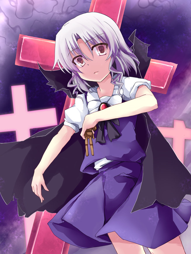 1girl black_cape black_ribbon brooch cape collared_shirt commentary_request cross doll dutch_angle gem high_collar holding holding_doll jewelry looking_at_viewer muse_(seihou) neck_ribbon nicoseiga_2423768 parted_lips puffy_short_sleeves puffy_sleeves purple_hair purple_skirt purple_vest ribbon seihou shirt short_hair short_sleeves skirt skirt_set solo vest voodoo_doll white_shirt yellow_eyes