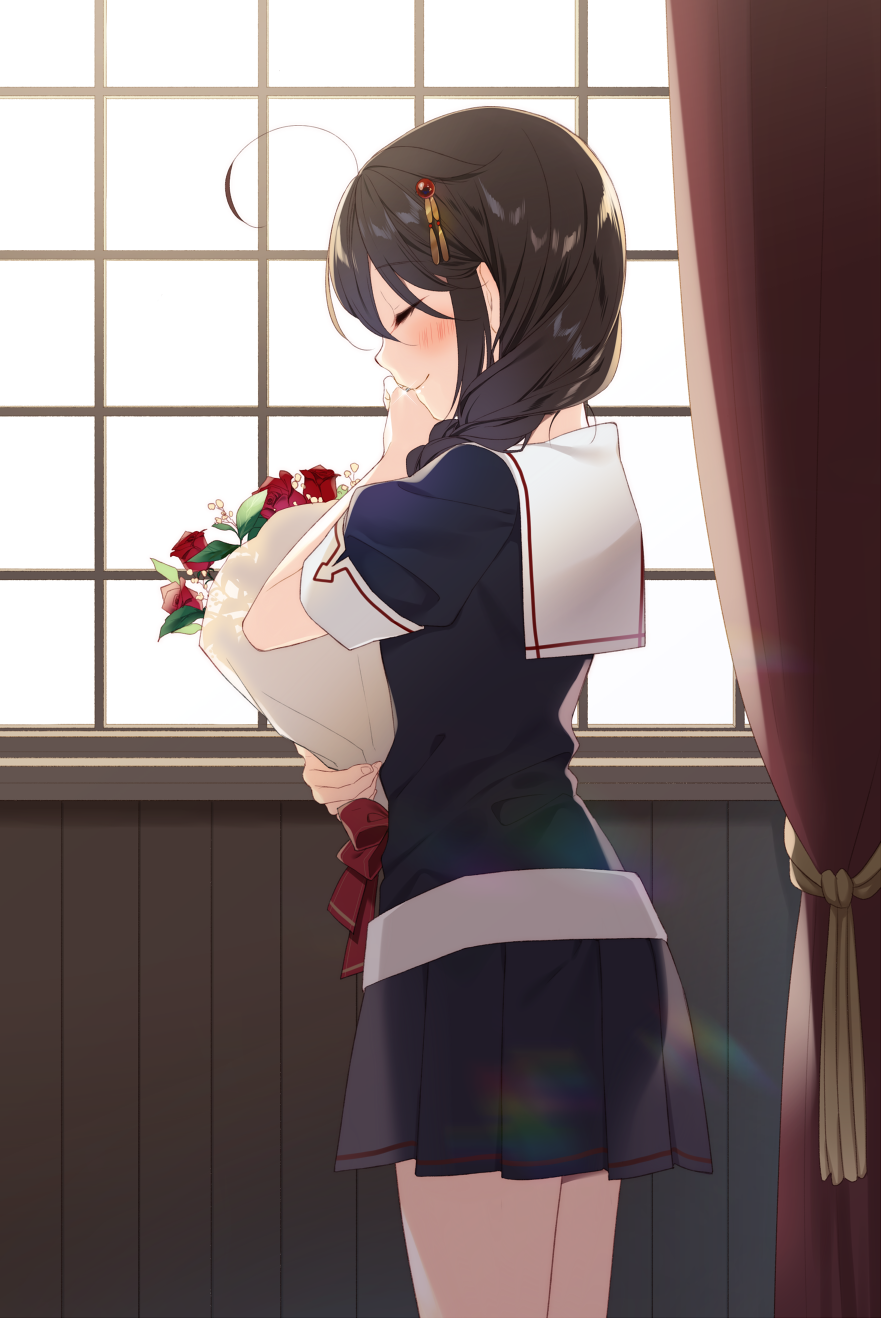 ahoge bangs blush bouquet braid brown_hair closed_eyes commentary_request cowboy_shot curtains eyebrows_visible_through_hair flower from_side hair_ornament hair_over_shoulder hairpin highres holding holding_bouquet indoors kantai_collection naoto_(tulip) pleated_skirt profile red_flower red_rose rose school_uniform serafuku shigure_(kantai_collection) shirt short_sleeves single_braid skirt smile solo standing window