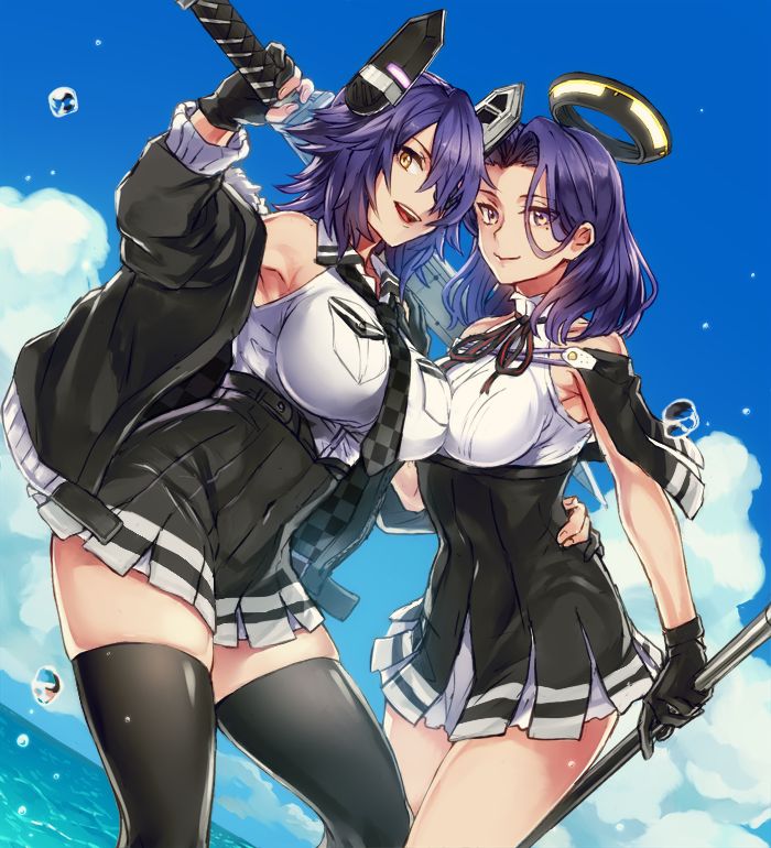2girls armpits black_gloves black_jacket black_legwear black_skirt breasts cloud commentary_request covered_navel day dutch_angle eyepatch fur-trimmed_jacket fur_trim gloves hand_on_another's_hip holding holding_spear holding_sword holding_weapon impossible_clothes impossible_shirt jacket kantai_collection large_breasts looking_at_viewer multiple_girls ocean off_shoulder open_mouth partly_fingerless_gloves pleated_skirt polearm purple_hair remodel_(kantai_collection) shirt skirt sleeveless sleeveless_shirt spear sword tatsuta_(kantai_collection) tenryuu_(kantai_collection) thighhighs thighs weapon white_shirt yellow_eyes