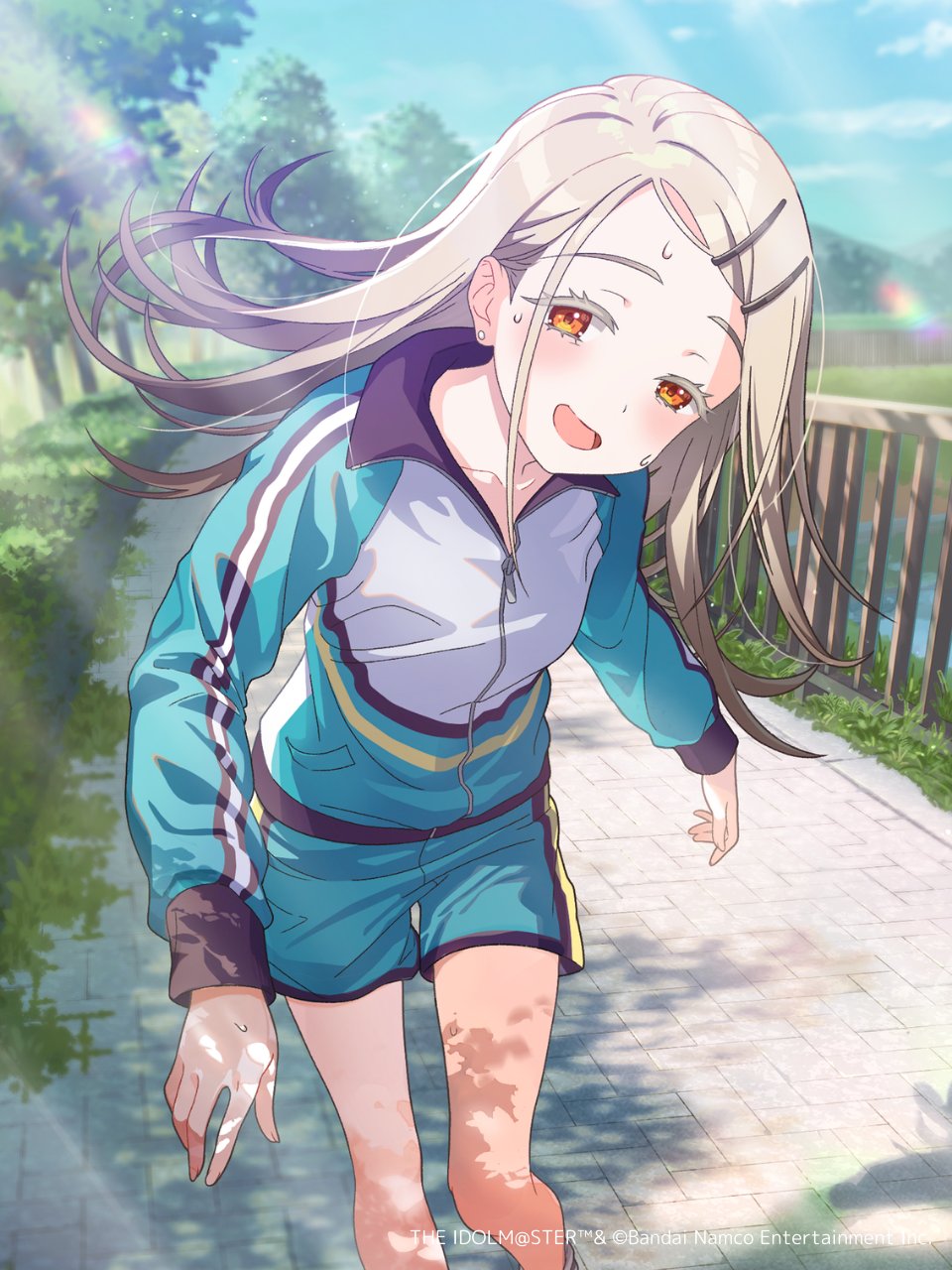 1girl blonde_hair blush commentary_request day exhausted floating_hair gakuen_idolmaster hair_ornament hairclip highres idolmaster jacket long_hair official_art open_mouth orange_eyes outdoors running shinosawa_hiro shorts solo sunlight sweat track_jacket