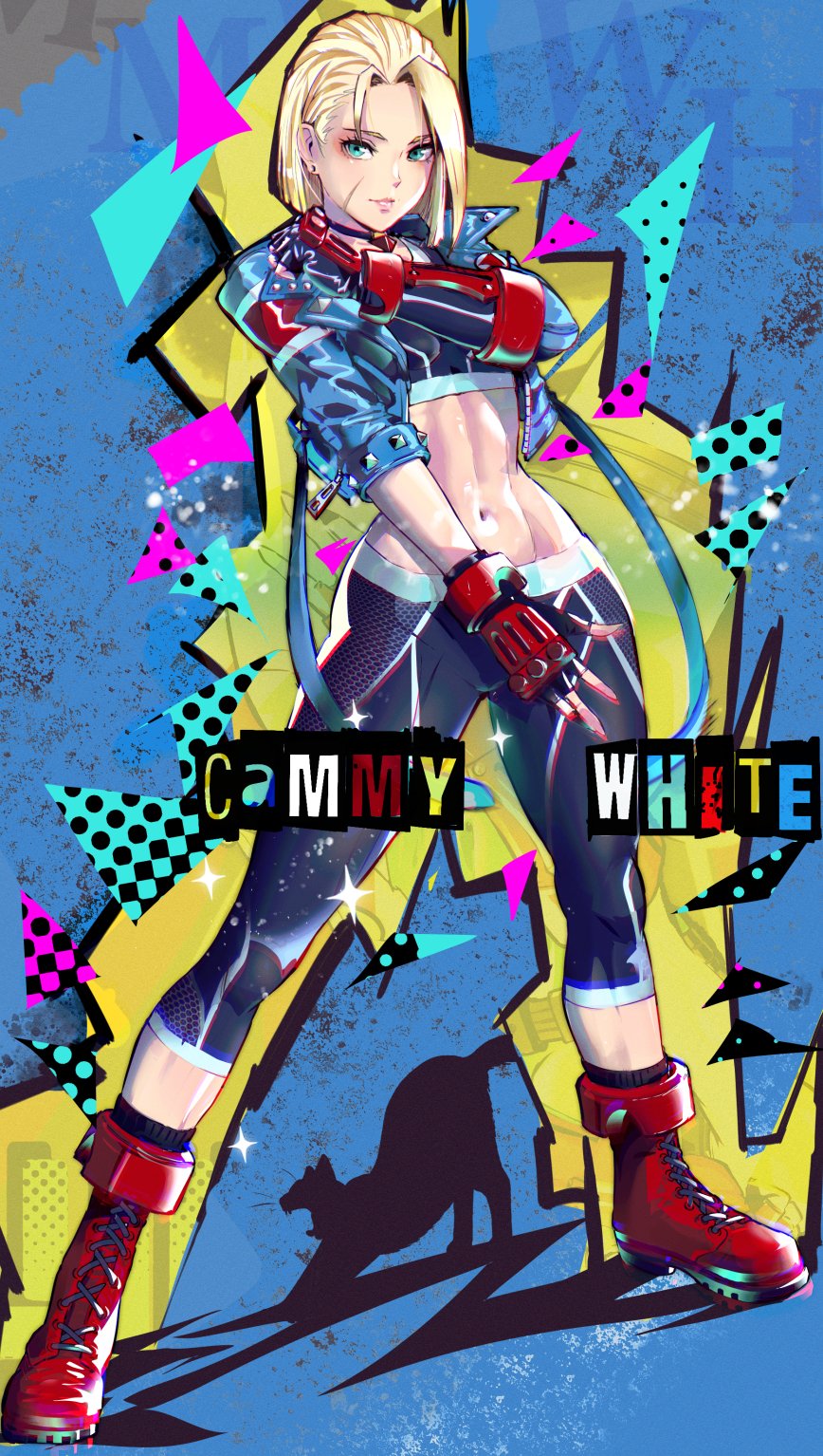 1girl aqua_eyes black_gloves black_pants blonde_hair blue_background blue_jacket boots breasts cammy_white cat character_name clenched_hand crop_top cropped_jacket fer_yoshimiya fingerless_gloves full_body gloves highres jacket linea_alba navel pants pink_lips red_footwear red_gloves scar scar_on_face shadow short_hair skin_tight small_breasts solo street_fighter street_fighter_6