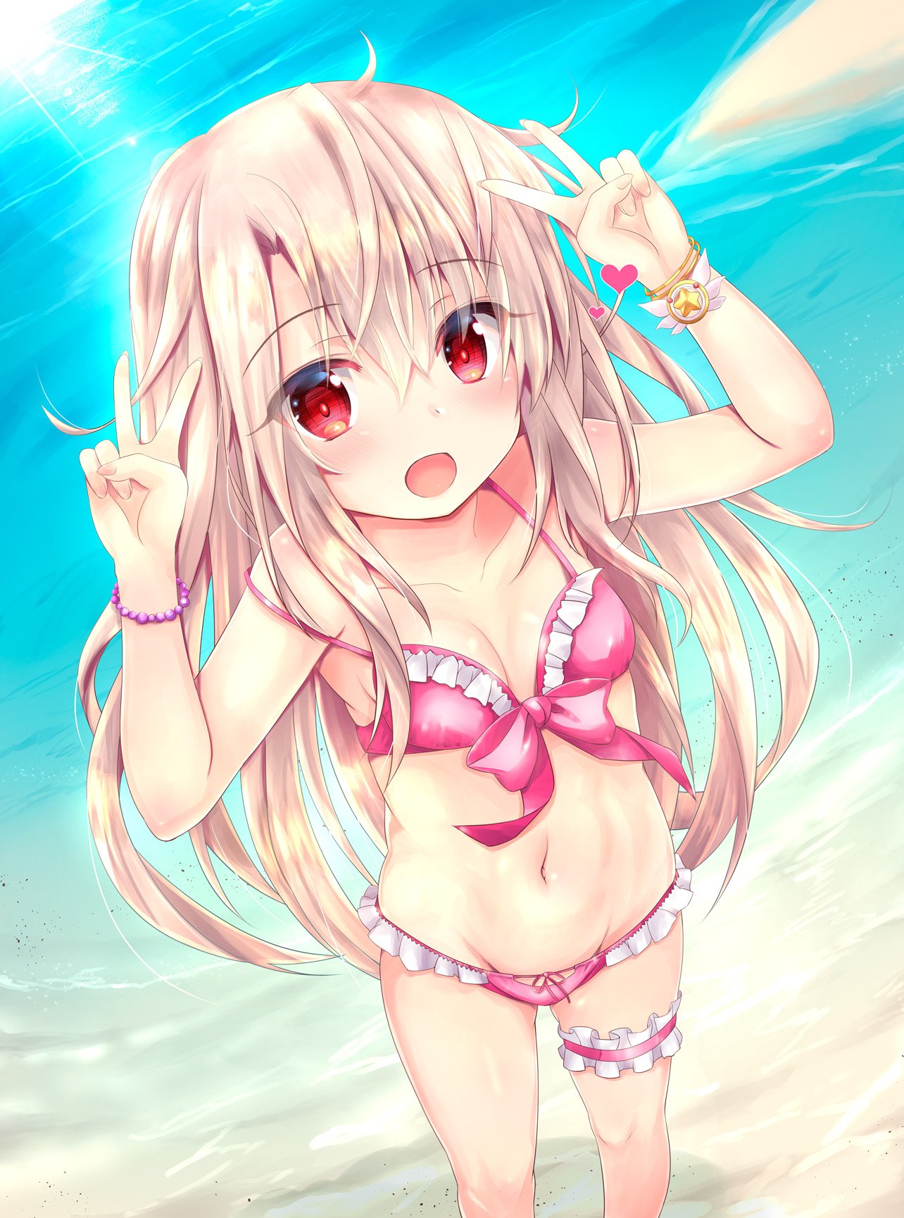 :d ahoge bangs beach bikini blush bracelet breasts collarbone day double_v eyebrows_visible_through_hair fate/grand_order fate/kaleid_liner_prisma_illya fate_(series) feet_out_of_frame fingernails foreshortening groin hair_between_eyes heart highres illyasviel_von_einzbern jewelry leg_garter legs_apart lens_flare long_hair looking_at_viewer navel open_mouth outdoors pink_bikini prisma_illya red_eyes shaian sidelocks small_breasts smile solo standing stomach sunlight swimsuit v water