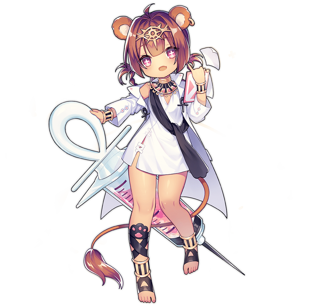 +_+ 1girl :d animal_ears ankh ao_jun ark_order barefoot black_ribbon black_scarf blush bracelet braid braided_hair_rings brown_hair coat dark-skinned_female dark_skin diadem dress egyptian_clothes fang full_body hair_rings intravenous_drip jewelry leg_ribbon lion_ears lion_tail long_sleeves necklace nurse official_art paw_print pink_eyes ribbon scarf sekhmet_(ark_order) short_hair short_twintails skin_fang smile solo syringe tachi-e tail transparent_background twintails white_coat white_dress wing_collar