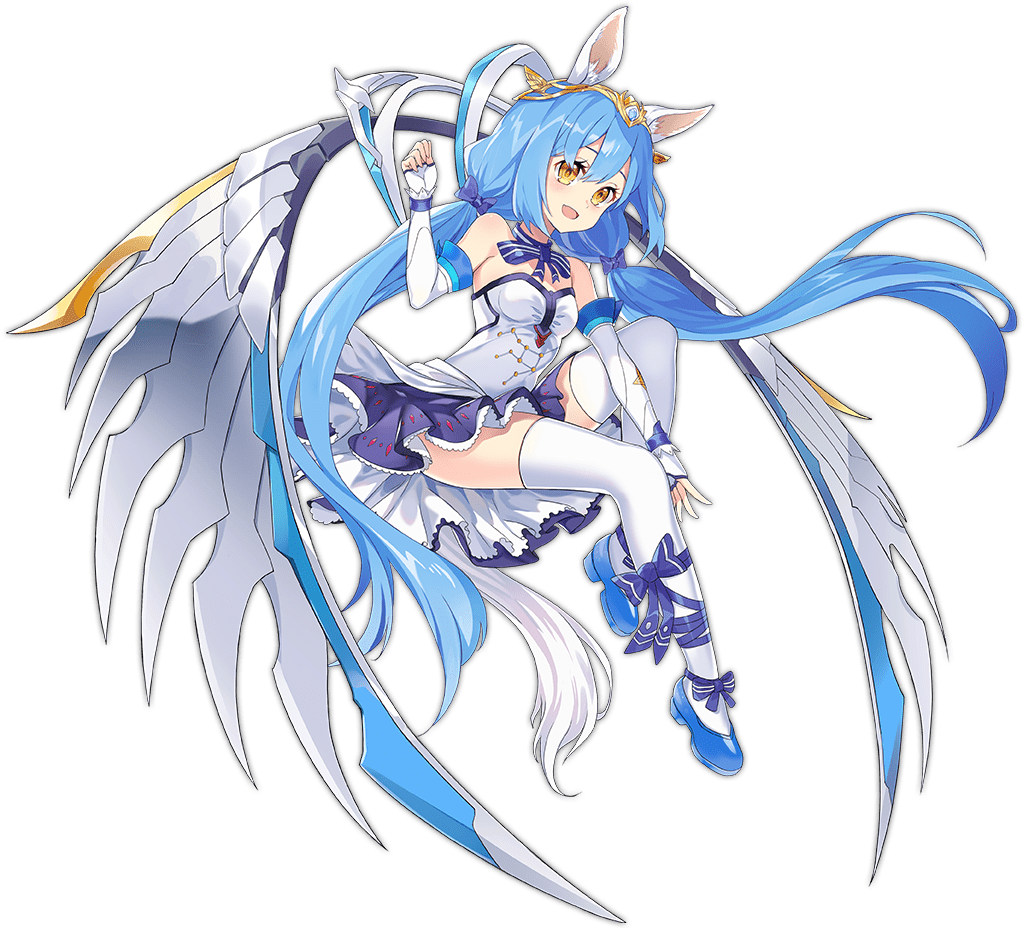 1girl :d animal_ears ark_order artist_request bare_shoulders blue_bow blue_bowtie blue_flower blue_hair blue_ribbon bow bowtie dress elbow_gloves fingerless_gloves flower frilled_dress frills full_body gloves gold_trim horse_ears horse_tail leg_ribbon long_hair low_twintails mechanical_wings official_art pegasus_(ark_order) ribbon shoes sidelocks sleeveless sleeveless_dress smile solo tachi-e tail thighhighs tiara transparent_background twintails very_long_hair white_dress white_gloves white_thighhighs wing_hair_ornament wings wrist_cuffs yellow_eyes