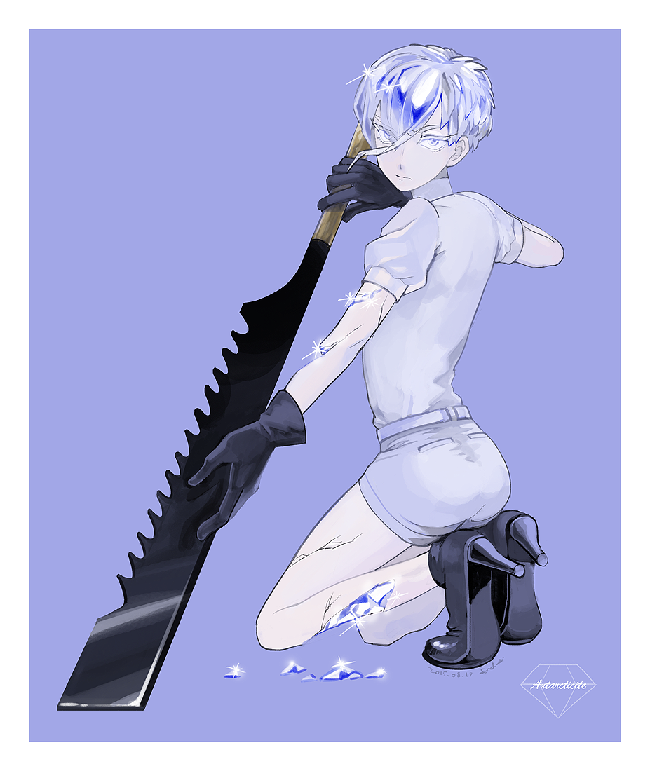 1other antarcticite ass black_gloves blue_background blue_eyes blue_hair border character_name cracked_skin dated fon-due_(fonfon) full_body glint gloves grey_shirt grey_shorts high_heels houseki_no_kuni injury pale_skin saw saw_cleaver shirt short_hair shorts solo squatting white_border