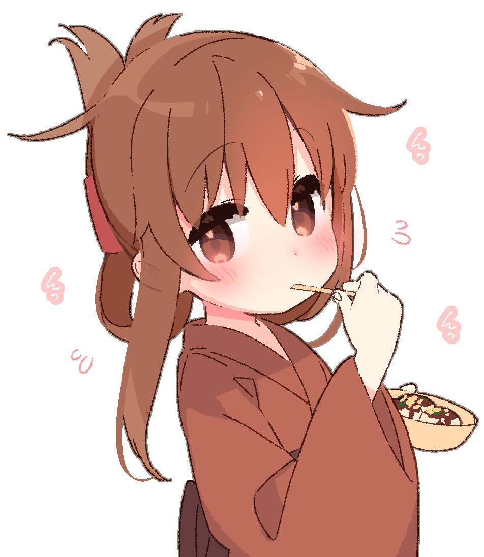 blush brown_eyes brown_hair commentary_request eating flying_sweatdrops folded_ponytail food inazuma_(kantai_collection) japanese_clothes kantai_collection kimono long_hair looking_at_viewer simple_background solo takoyaki upper_body white_background yoru_nai yukata