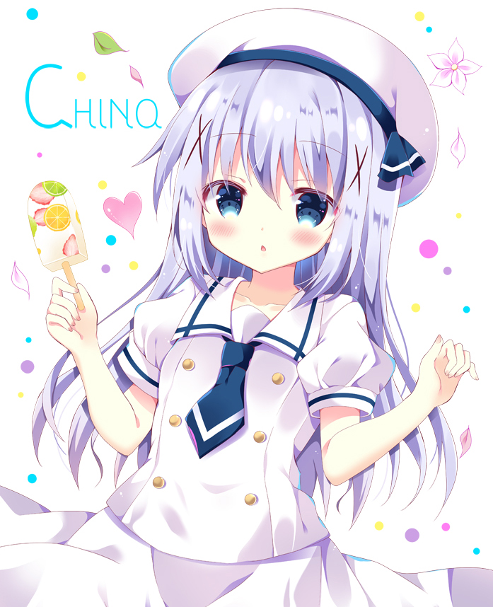:o bangs beret bitter_crown blue_eyes blue_hair blue_neckwear blush character_name collarbone commentary_request eyebrows_visible_through_hair fingernails flower food gochuumon_wa_usagi_desu_ka? hair_between_eyes hands_up hat heart holding holding_food kafuu_chino kafuu_chino's_school_uniform long_hair necktie parted_lips popsicle puffy_short_sleeves puffy_sleeves school_uniform shirt short_necktie short_sleeves skirt solo very_long_hair white_background white_flower white_hat white_shirt white_skirt