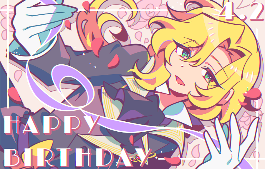 1boy ascot badge belt birthday black_ascot black_jacket black_suit blonde_hair border buttons collared_jacket commentary_request dated english_text floral_background flower gloves green_eyes hair_between_eyes hands_up happy_birthday holding holding_ribbon idol idol_clothes idolmaster idolmaster_side-m jacket long_bangs long_hair long_sleeves looking_at_viewer musical_note musical_note_ornament open_mouth outside_border parted_bangs petals pink_flower pink_petals pink_rose purple_ribbon ribbon rose sidelocks smile solo suit surigoma_(39_sekai) tsuzuki_kei upper_body wavy_hair white_border white_gloves yellow_trim