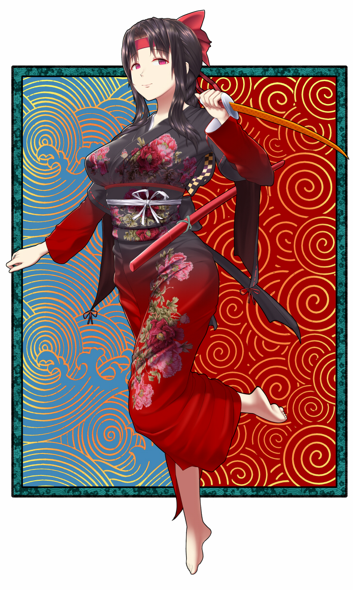 baiyin bangs barefoot black_hair black_kimono braid breasts floral_print full_body gradient_clothes gradient_kimono highres holding holding_sword holding_weapon japanese_clothes kimono large_breasts long_hair looking_at_viewer obi original parted_bangs red_eyes red_headband red_kimono sash sheath smile solo standing standing_on_one_leg sword tiptoes weapon