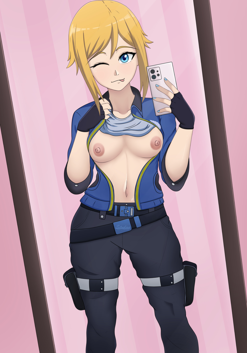 1girl ;p black_gloves black_pants blonde_hair blue_eyes blue_jacket breasts breasts_out cellphone clothes_lift collarbone contrapposto female_pov fingerless_gloves gloves grey_shirt hayley_travis highres holding holding_phone jacket legendary_pictures looking_at_viewer mirror navel netflix nipples no_bra nude one_eye_closed open_clothes pacific_rim pacific_rim:_the_black pants phone pov selfie setrakian_draws shirt shirt_lift sidelocks signature smartphone smile solo standing taking_picture tongue tongue_out unzipped warner_bros watermark