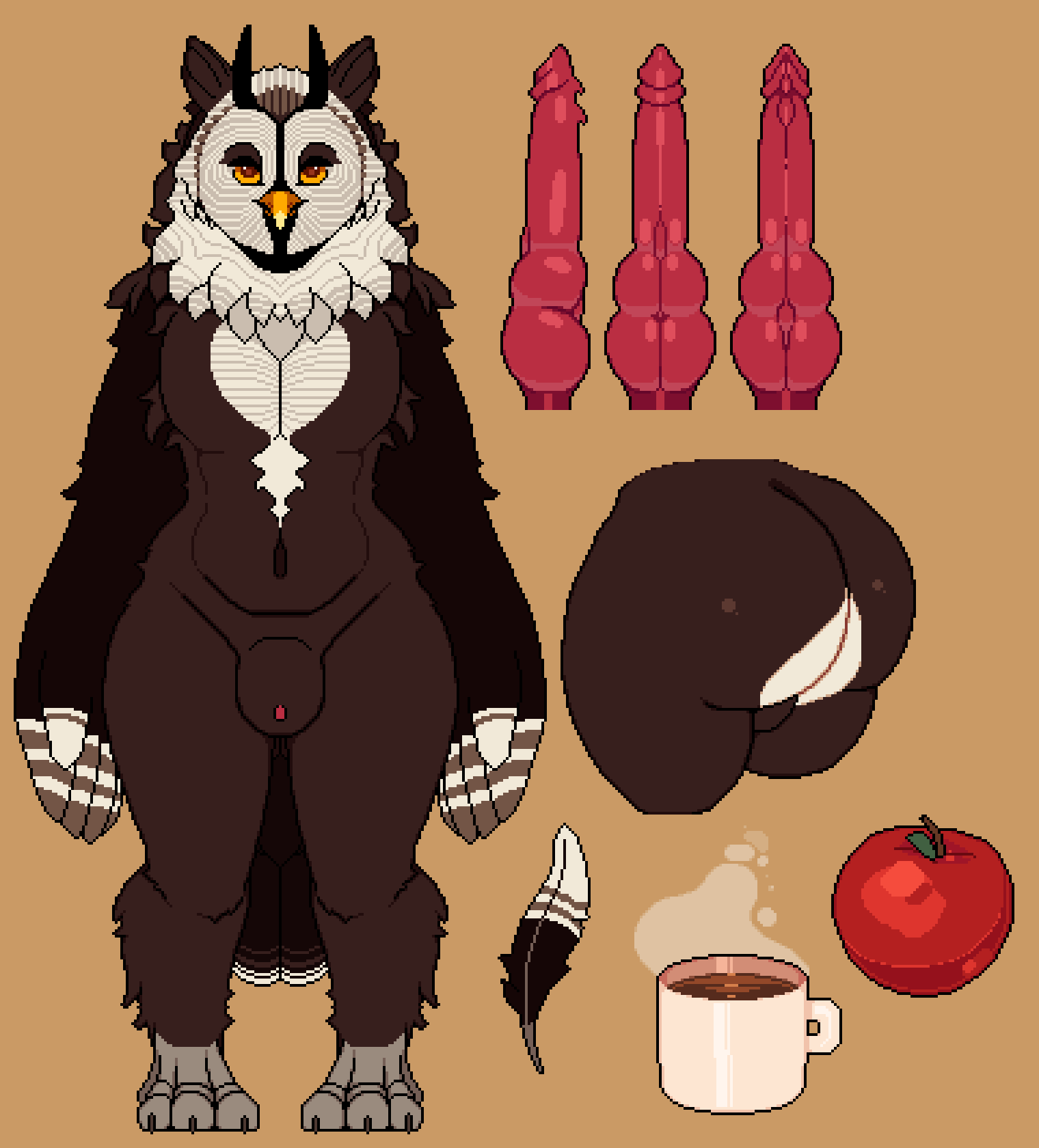 anthro apple avian balls beak big_butt bird brown_body brown_feathers butt feathers food fruit genitals hi_res horn knot male mertvykhcrows mug multi_genitalia multi_knot nude orange_eyes owl penis plant red_penis small_body solo white_body white_feathers