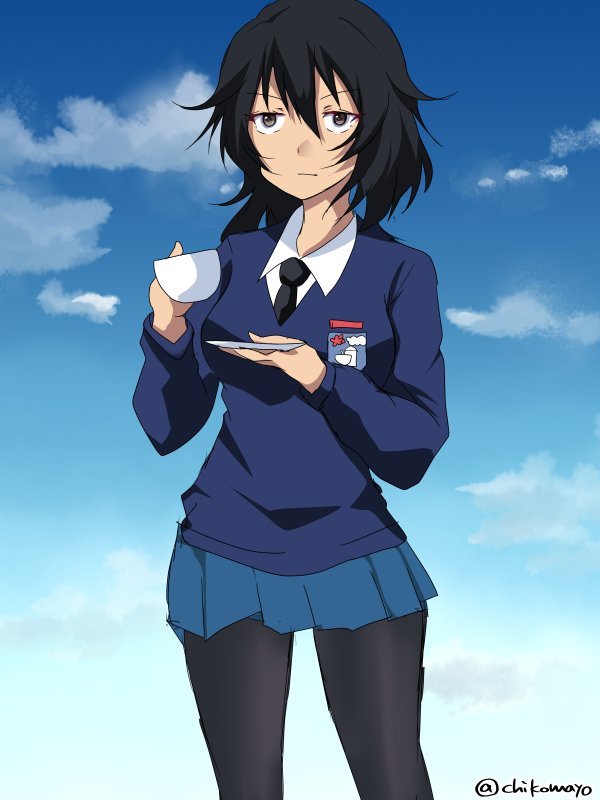 :| alternate_costume alternate_hairstyle andou_(girls_und_panzer) bangs black_hair black_legwear black_neckwear blue_skirt blue_sweater brown_eyes chikomayo closed_mouth cloud cloudy_sky commentary_request cup dark_skin day dress_shirt emblem girls_und_panzer holding holding_cup long_sleeves looking_at_viewer medium_hair messy_hair miniskirt necktie outdoors pantyhose partial_commentary pleated_skirt ponytail saucer school_uniform shirt skirt sky solo st._gloriana's_(emblem) st._gloriana's_school_uniform standing sweater teacup twitter_username v-neck white_shirt wing_collar