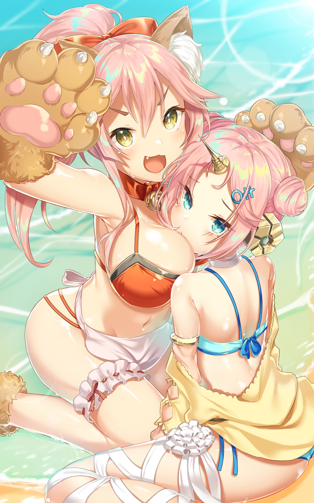 animal_ear_fluff animal_ears bandaged_leg bandages bell bell_collar bikini bikini_skirt blue_bikini breasts cat_paws cleavage collar day detached_sleeves double_bun fang fate/grand_order fate_(series) fox_ears fox_tail frankenstein's_monster_(fate) frankenstein's_monster_(swimsuit_saber)_(fate) gloves hair_ornament hair_over_one_eye hair_ribbon hairclip headgear highres horn jacket jingle_bell large_breasts long_hair looking_at_viewer multiple_girls navel ocean open_mouth outdoors paw_gloves paw_shoes paws pink_hair ribbon shoes single_detached_sleeve sleeves_past_wrists swimsuit tail tamamo_(fate)_(all) tamamo_cat_(fate) thiana0225 water
