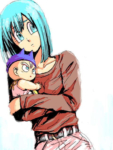 1girl :o baby belt blue_eyes blue_hair bulma carrying cowboy_shot denim dragon_ball dragon_ball_z dutch_angle eyebrows_visible_through_hair eyelashes frown hat jeans long_sleeves looking_away maca_(kanekohouse) mother_and_son open_mouth pants red_shirt shirt short_hair simple_background trunks_(dragon_ball) upper_body white_background