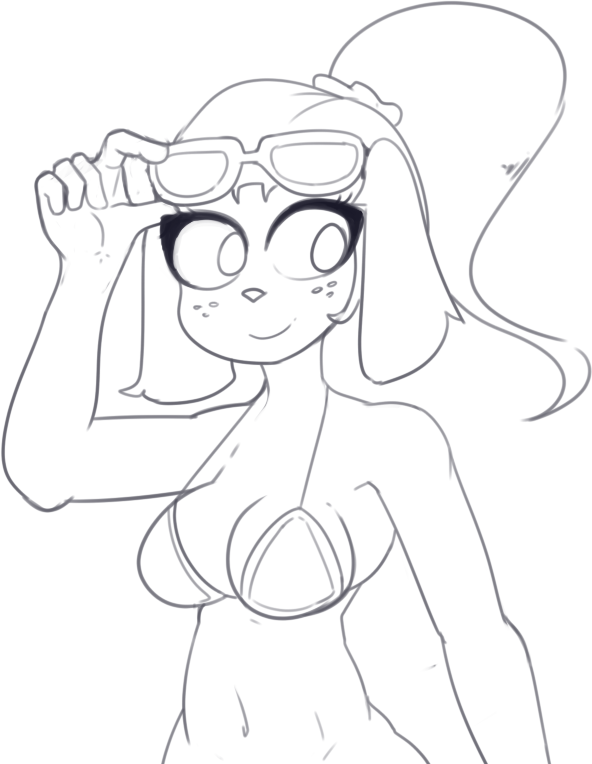 5_fingers anthro bhloopy bikini breasts canine cleavage clothed clothing dofus eyewear female freckles looking_aside lou mammal monochrome navel ouginak pose solo standing sunglasses swimsuit wakfu