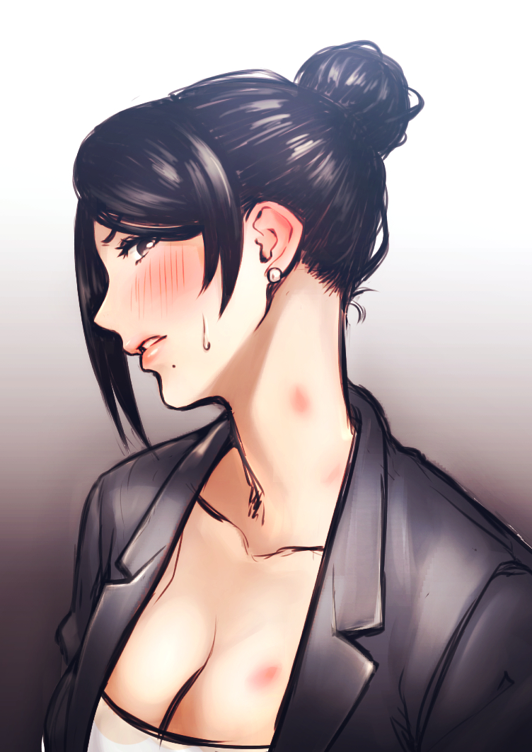 bangs bijin_onna_joushi_takizawa-san black_hair blush breasts brown_eyes business_suit cleavage collarbone commentary_request earrings formal hair_bun hickey jewelry large_breasts looking_at_viewer mature mole mole_under_mouth office_lady parted_lips solo suit sweat sweatdrop swept_bangs takizawa_kyouko tkhs undershirt