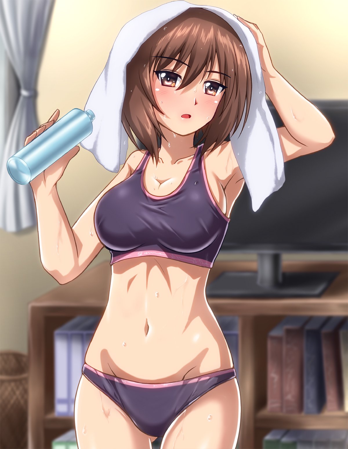 ass_visible_through_thighs bangs black_bra black_panties blurry blurry_background blush book bookshelf bottle bra breasts brown_eyes brown_hair cleavage commentary cowboy_shot curtains depth_of_field eyebrows_visible_through_hair girls_und_panzer hand_on_own_head highres holding holding_bottle indoors looking_at_viewer medium_breasts navel nishizumi_maho open_mouth panties short_hair solo sports_bra standing sweat television towel towel_on_head underwear underwear_only water_bottle white_towel zanntetu