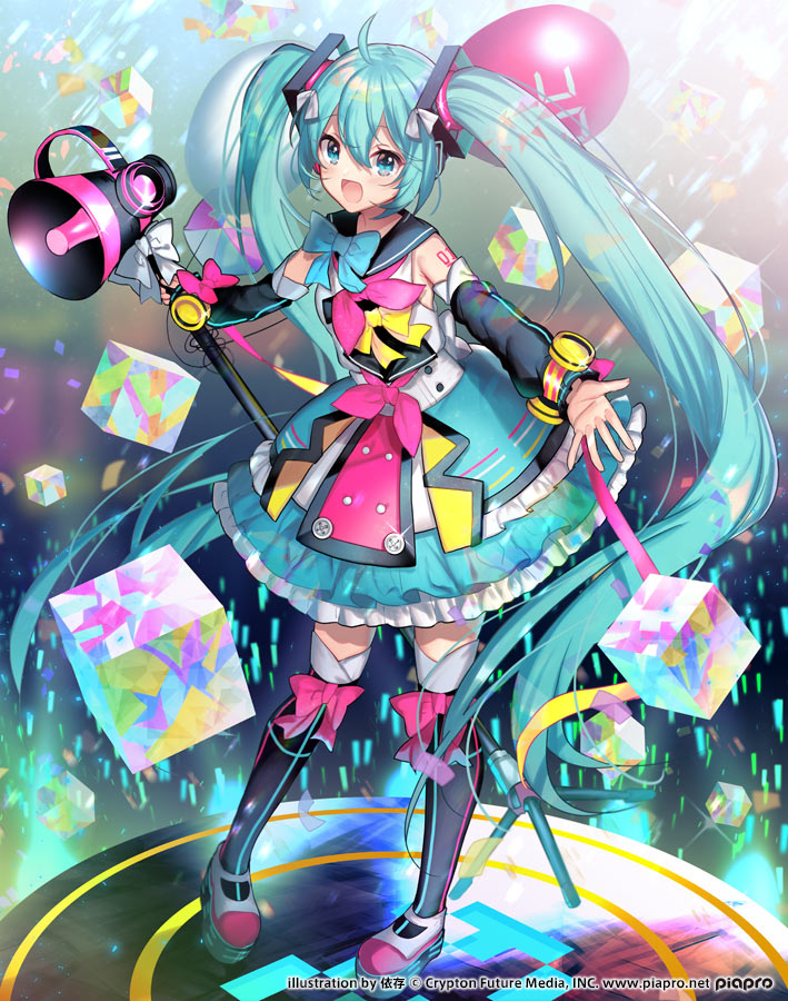 :d ahoge aqua_eyes aqua_hair artist_name balloon bow bow_legwear bowtie commentary_request cube detached_sleeves dress full_body hair_between_eyes hatsune_miku itamidome long_hair magical_mirai_(vocaloid) megaphone microphone_stand open_mouth outstretched_arms pigeon-toed sailor_collar smile solo spread_arms standing thighhighs twintails very_long_hair vocaloid