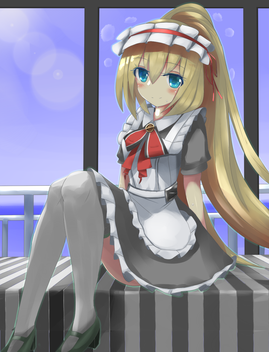alternate_costume alternate_hairstyle arms_behind_back ausea_(aesur) blonde_hair blue_eyes blush commentary_request deutschland_(zhan_jian_shao_nyu) lens_flare long_hair looking_at_viewer maid maid_headdress ponytail shoes sitting smile solo thighhighs white_legwear window zhan_jian_shao_nyu
