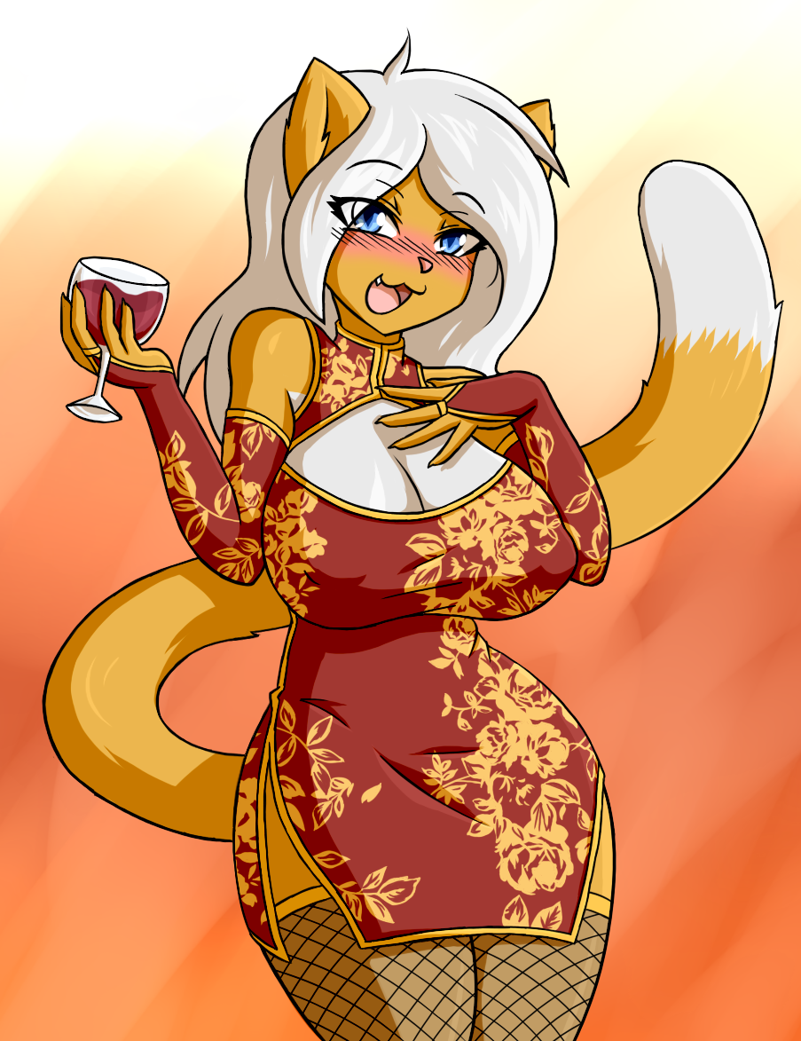 alcohol anthro beverage big_breasts blue_eyes breasts cat chinese_clothing chinese_dress cleavage clothed clothing dress drunk feline female fur gloves hair honey_milk_(character) mammal orange_fur rakkuguy white_fur white_hair wide_hips wine