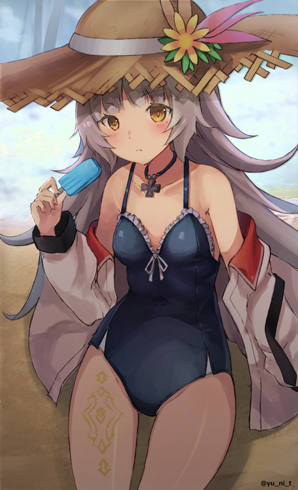 arm_at_side azur_lane bangs bare_shoulders beach blue_swimsuit blurry blurry_background blush breasts brown_eyes brown_hat casual_one-piece_swimsuit closed_mouth collarbone commentary_request covered_navel cowboy_shot day depth_of_field eyebrows_visible_through_hair flipped_hair flower food frilled_swimsuit frills grey_hair groin hand_up hat hat_flower highres hips holding holding_food iron_cross jacket jewelry leg_tattoo light_frown long_hair long_sleeves looking_at_viewer mole mole_under_eye necklace off_shoulder one-piece_swimsuit open_clothes open_jacket orange_flower outdoors popsicle ribbon sand shadow small_breasts solo straw_hat sun_hat swimsuit tattoo thighs twitter_username very_long_hair white_jacket white_ribbon yu_ni_t z46_(azur_lane)