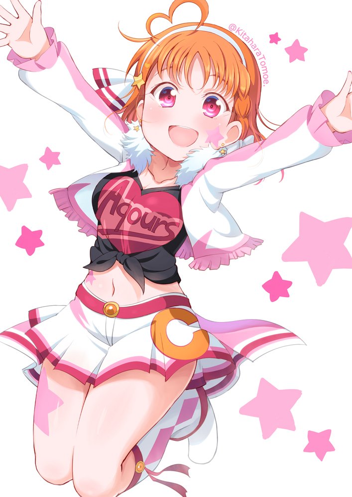 :d ahoge arms_up braid clothes_writing collarbone cropped_jacket earrings facial_mark fur_trim hair_ornament hairband heart heart_ahoge jewelry jumping kitahara_tomoe_(kitahara_koubou) love_live! love_live!_sunshine!! midriff miracle_wave navel open_mouth orange_hair pleated_skirt red_eyes shirt short_hair side_braid skirt smile solo star star_earrings star_hair_ornament starry_background takami_chika tied_shirt twitter_username