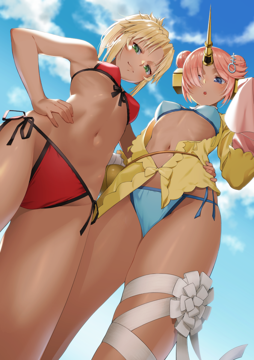 arm_around_waist bikini blonde_hair blue_bikini blue_eyes blue_sky breasts commentary_request day double_bun fate/grand_order fate_(series) foreshortening frankenstein's_monster_(fate) frankenstein's_monster_(swimsuit_saber)_(fate) from_below front-tie_bikini front-tie_top green_eyes hair_ornament hair_over_one_eye hand_on_hip highres horn leg_ribbon looking_at_viewer looking_down mordred_(fate)_(all) mordred_(swimsuit_rider)_(fate) multiple_girls navel outdoors pink_hair ponytail red_bikini ribbon saruchitan short_hair side-tie_bikini skindentation sky sleeves_past_wrists small_breasts swimsuit tan