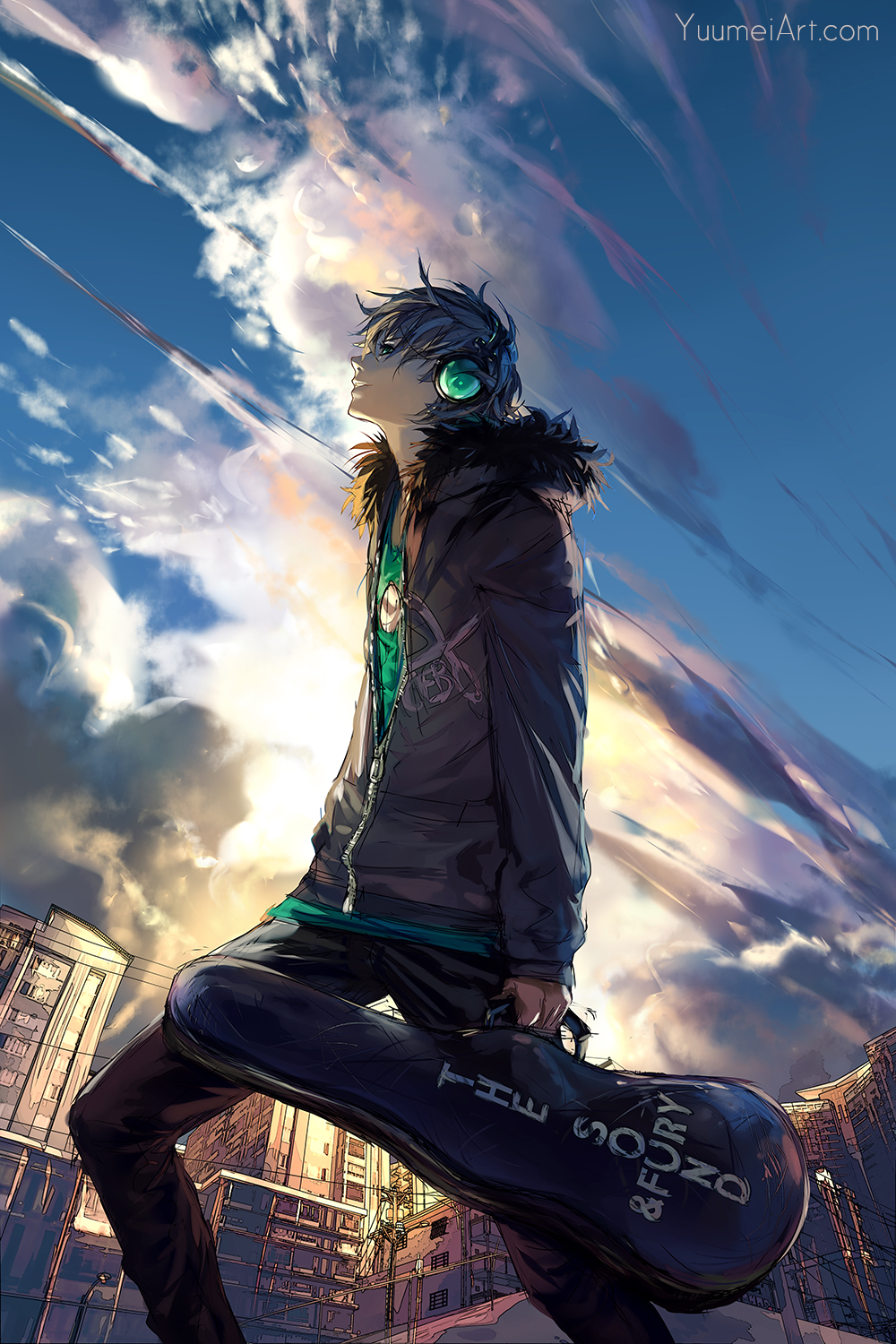 blue_eyes blue_sky city cloud commentary day english_commentary fisheye_placebo frey_(fisheye_placebo) from_below headphones highres hood hood_down hooded_jacket instrument_case jacket male_focus short_hair silver_hair sky solo standing watermark web_address wenqing_yan