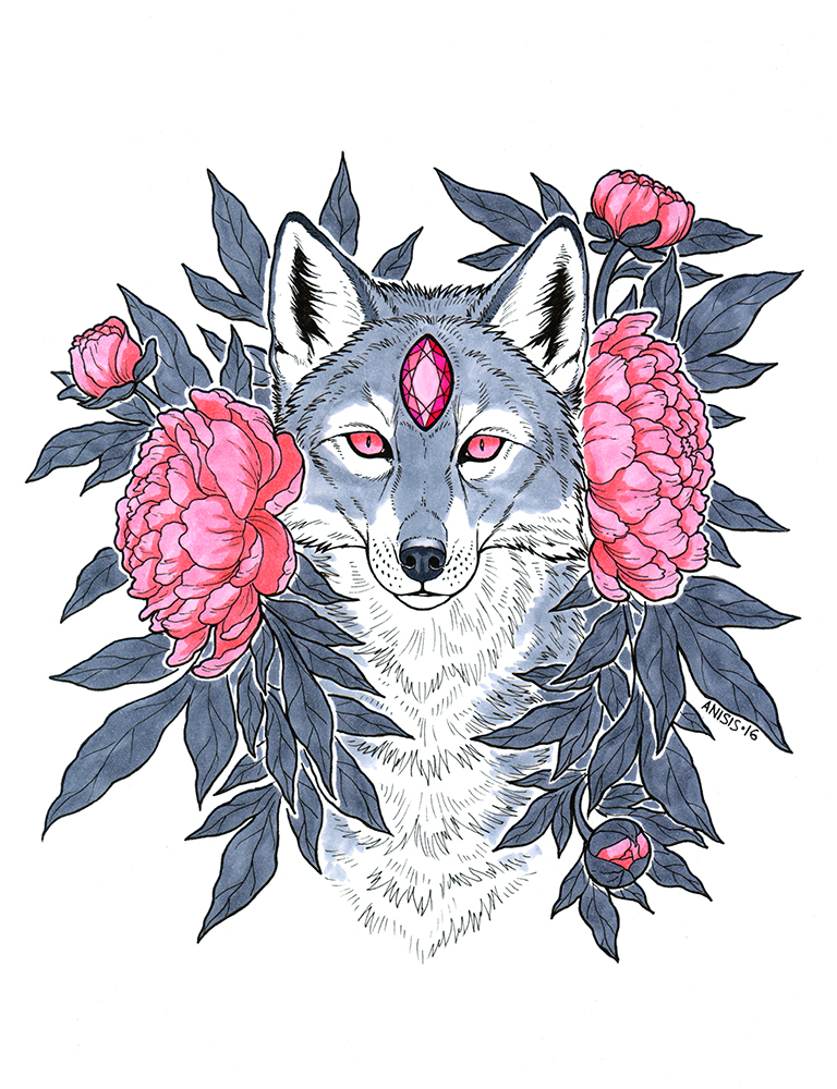 2016 ambiguous_gender anisis black_nose canine flower fox headshot_portrait looking_at_viewer mammal pink_eyes plant portrait traditional_media_(artwork)