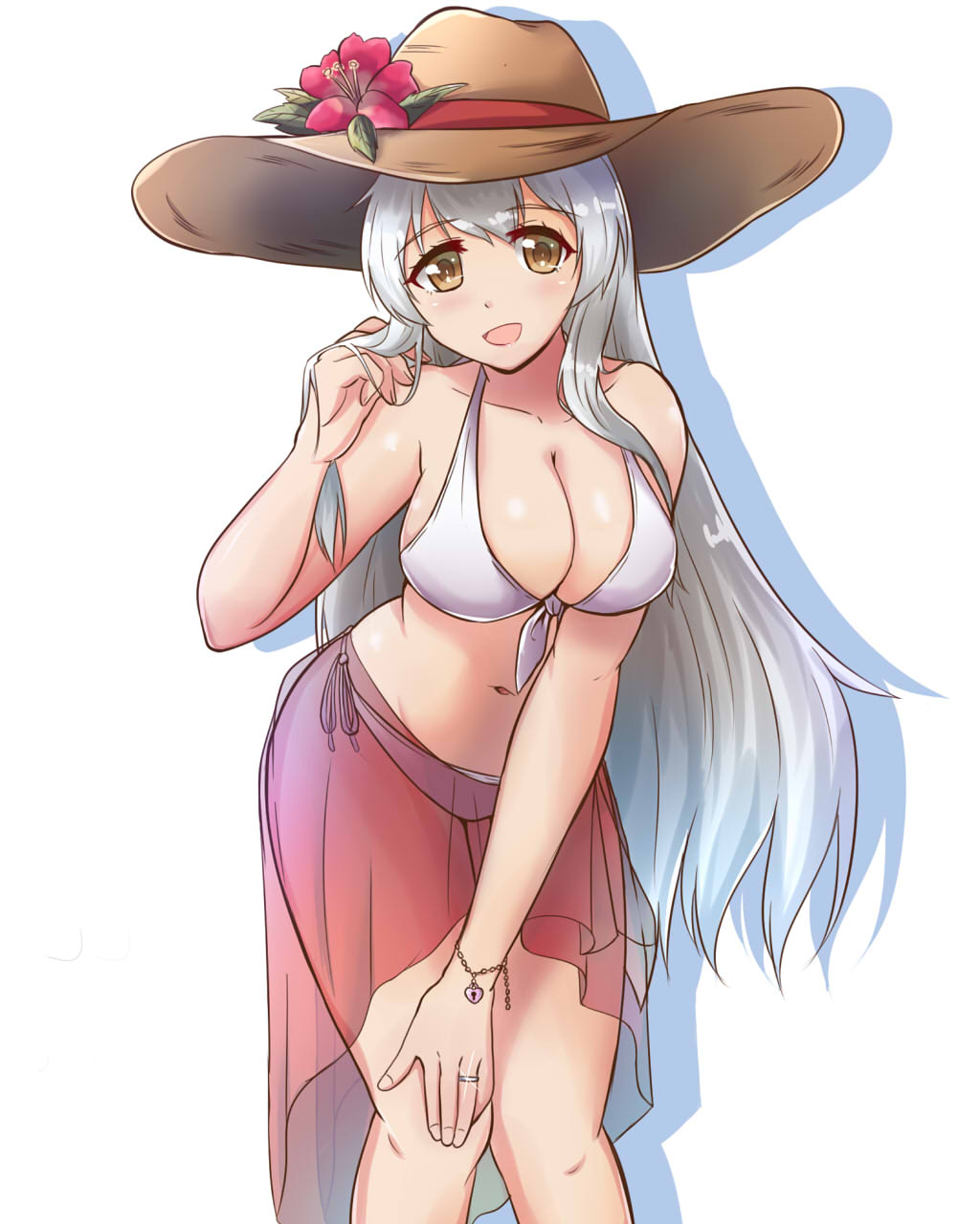bikini breasts brown_eyes cleavage feet_out_of_frame front-tie_top hand_on_own_knee hat highres jewelry kantai_collection large_breasts leaning_forward long_hair looking_at_viewer red_sarong ring sarong see-through shoukaku_(kantai_collection) side-tie_bikini simple_background solo sun_hat swimsuit wedding_band white_background white_bikini white_hair yukimi_unagi