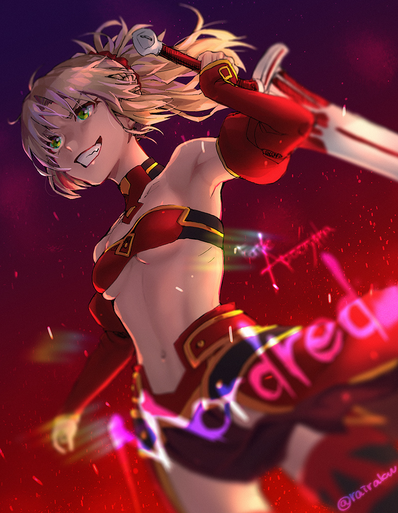 bangs bare_shoulders blonde_hair breasts character_name clarent copyright_name cowboy_shot fate/apocrypha fate_(series) green_eyes grin hair_ornament hair_scrunchie holding holding_sword holding_weapon left-handed loincloth midriff mordred_(fate) mordred_(fate)_(all) navel ponytail red_scrunchie scrunchie short_hair small_breasts smile solo strapless sword teeth twitter_username underboob v-shaped_eyebrows weapon yuuzuki_rairaku