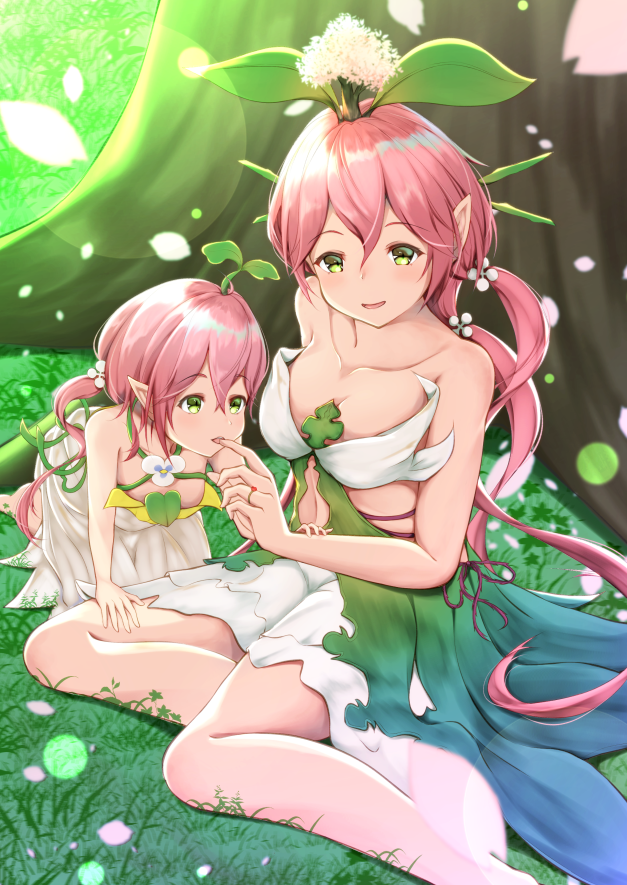 bad_id bad_pixiv_id bare_shoulders breasts child cleavage collarbone commentary granblue_fantasy green_eyes inora jewelry large_breasts leaf leaf_on_head long_hair mother_and_daughter multiple_girls pink_hair plant_girl pointy_ears ring sitting tree yggdrasil_(granblue_fantasy)