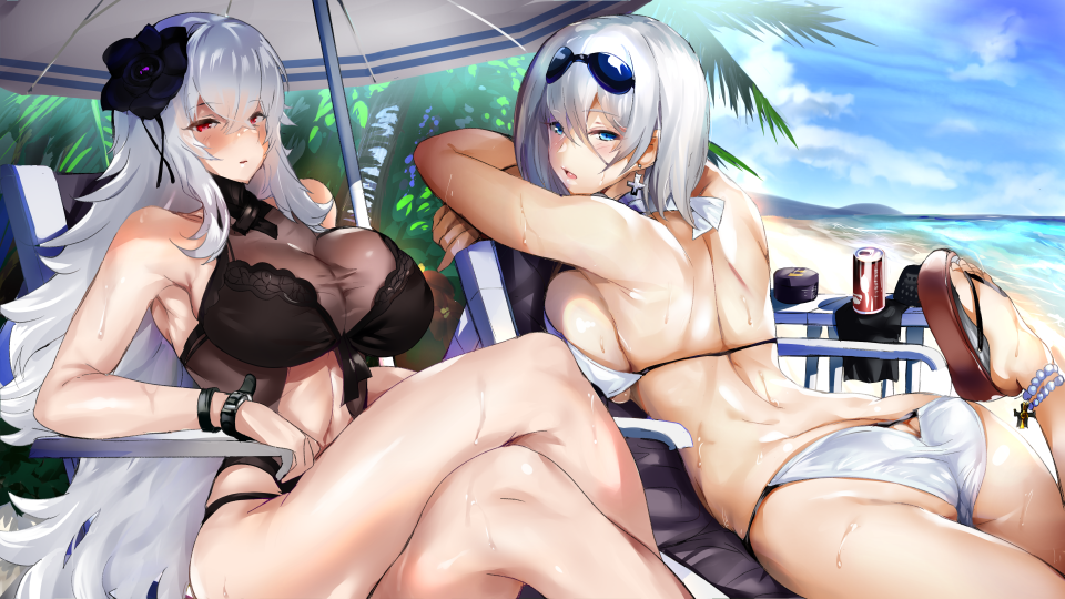 alternate_costume anklet ass azur_lane bangs beach_umbrella bikini black_swimsuit blue_eyes blush breasts butt_crack can chair cleavage closed_mouth collarbone commentary_request cross cross_earrings crossed_bangs crossed_legs day earrings elbow_rest eyebrows_visible_through_hair graf_zeppelin_(azur_lane) groin hair_between_eyes jewelry large_breasts leg_up long_hair looking_at_viewer lounge_chair lying mata-aro messy_hair multiple_girls navel navel_cutout ocean on_stomach one-piece_swimsuit open_mouth outdoors palm_tree parted_lips red_eyes sand sandals scarf shade shiny shiny_skin short_hair shoulder_blades sidelocks silver_hair sitting skindentation stomach sunglasses swimsuit taut_clothes taut_swimsuit thighs tirpitz_(azur_lane) tree umbrella very_long_hair watch wet white_bikini white_scarf wrist_straps