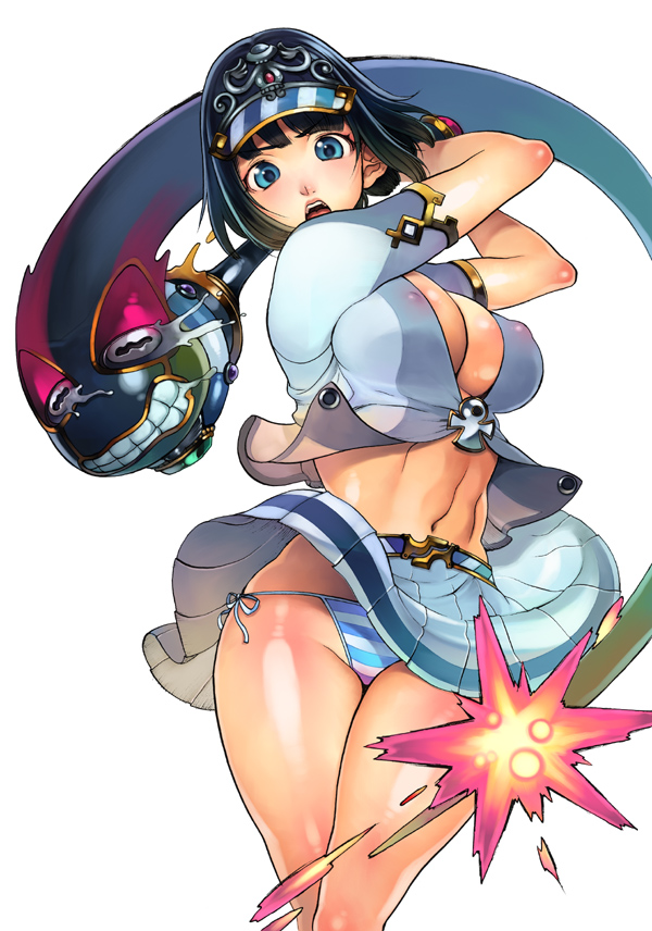 bangs black_hair blue_eyes blue_panties blue_shirt blue_skirt breasts cleavage covered_nipples f.s. hitting large_breasts looking_at_viewer menace midriff miniskirt navel no_bra open_mouth panties queen's_blade shirt short_sleeves side-tie_panties simple_background skirt skirt_lift solo string_panties striped striped_panties thighs underwear visor_cap white_background