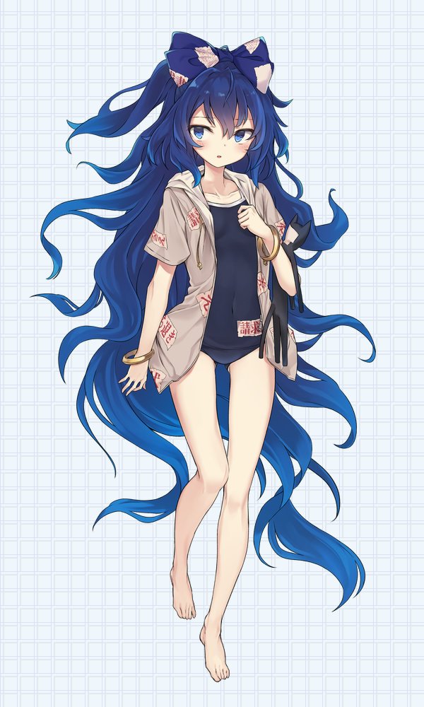 :o arm_at_side arm_up ass_visible_through_thighs bangle bangs barefoot blue_bow blue_eyes blue_hair blue_swimsuit blush bow bracelet covered_navel drawstring eyebrows_visible_through_hair flat_chest full_body gold grey_hoodie hair_between_eyes hair_bow holding jacket jewelry long_hair looking_to_the_side monobe_tsukuri one-piece_swimsuit open_clothes open_jacket open_mouth short_sleeves solo standing standing_on_one_leg stuffed_animal stuffed_cat stuffed_toy swimsuit touhou very_long_hair yorigami_shion