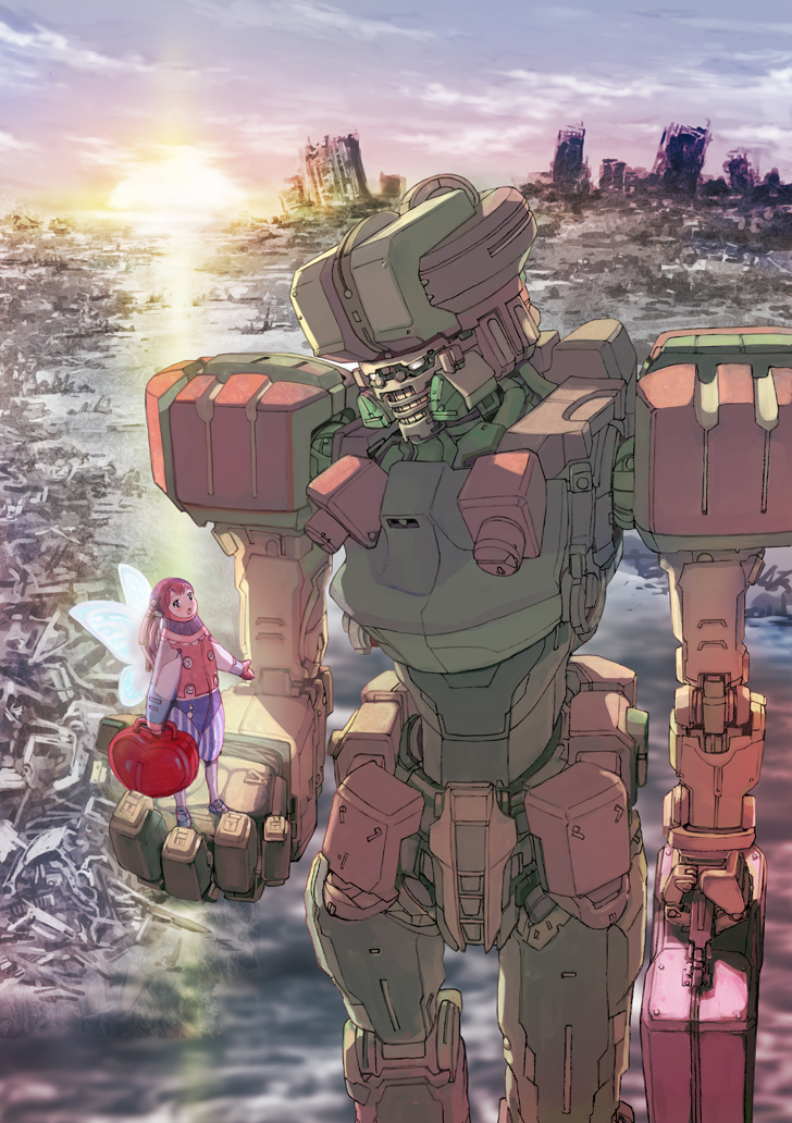 box briefcase city fairy heart-shaped_box in_palm looking_at_another mecha mittens non_(6nezuuyamar9) open_mouth original robot ruins spacesuit suitcase walking