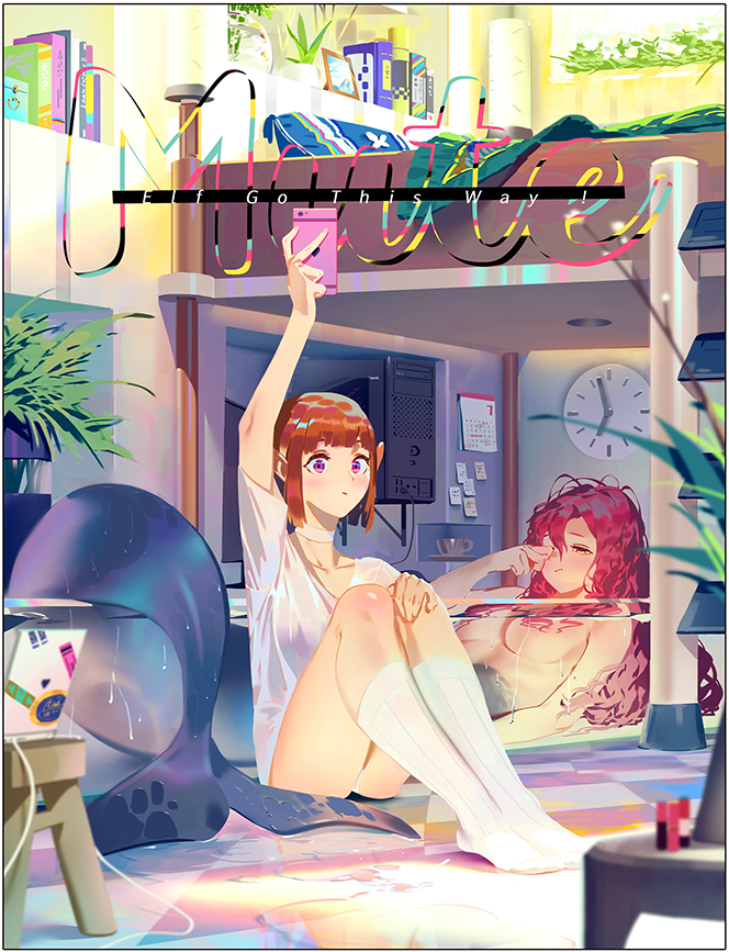 bathing bathtub battery bed blanket blush book bunk_bed calendar_(object) cd_case choker clock coffee_cup computer cup disposable_cup fish_tank flower in_container karasu-san_(syh3iua83) karasu_sa knees_up ladder laptop mermaid monster_girl multiple_girls mute picture_frame pillow plant pointy_ears purple_eyes red_hair sitting sleepy socks spray_can sticky_note water window yellow_eyes