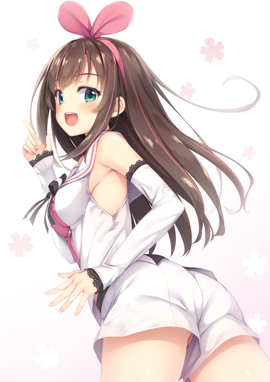 :d a.i._channel ass bangs bare_shoulders blush breasts brown_hair commentary_request detached_sleeves eyebrows_visible_through_hair fingernails gradient gradient_background green_eyes highres index_finger_raised kizuna_ai long_hair long_sleeves looking_at_viewer looking_back medium_breasts multicolored_hair open_mouth pink_background pink_hair shirt short_shorts shorts sleeveless sleeveless_shirt sleeves_past_wrists smile solo streaked_hair tomifumi very_long_hair virtual_youtuber white_background white_shirt white_shorts
