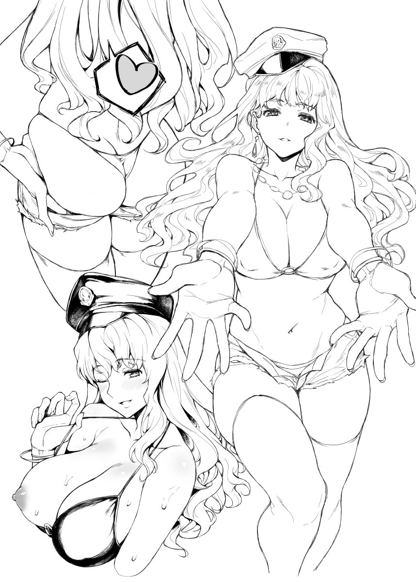 bikini_top bracelet breasts commentary_request earrings greyscale hat highres jewelry large_breasts long_hair macross macross_frontier monochrome mushi024 nipples one_eye_closed outstretched_hand sheryl_nome short_shorts shorts swimsuit thighhighs wavy_hair